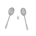 Hand drawn vector illustration of two crossed badminton racquets or rackets with shuttlecock birdie. Cartoon doodle Royalty Free Stock Photo