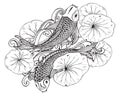 Hand drawn vector illustration of two Koi fishes with lotus leaves