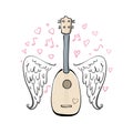 Hand drawn vector illustration with ukulele, sketch wings, hearts and melody