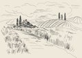 Hand drawn vector Illustration of wheat fields and village house. Ink drawing in vintage style