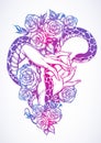 Hand drawn vector illustration with woman`s hands holding a snake among roses. Beautifully detailed artwork. Consept art.