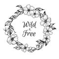 Hand drawn vector illustration - wreath with flowers and leaves.