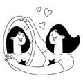 Hand drawn vector illustration of a young woman looking at her reflection in the mirror with love. Royalty Free Stock Photo