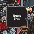 Hand drawn vector illustrations - Cinema collection. Movie and film elements in sketch style. Royalty Free Stock Photo