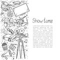 Hand drawn vector illustrations - Cinema collection. Movie and film elements in sketch style. Royalty Free Stock Photo