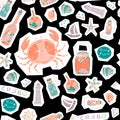 Hand-drawn vector illustrations-a collection of shells, stars. Marine set. Seamless pattern