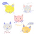 Hand drawn vector illustrations of cute cats head. Meowing and purring cat collection.