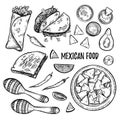 Hand drawn vector illustrations - Mexican food (tacos, nachos, b