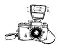 Hand drawn vector illustrations. Retro camera with flash and lac