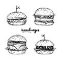 Hand drawn vector illustrations - Set of Hamburgers. Sketch coll