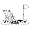 Hand drawn vector ink composition. Seascape with beach sketch flag and striped chair on shore. Isolated on white Royalty Free Stock Photo