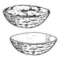 Hand drawn vector ink illustration. Bowl, empty and with sauce salsa guacamole bolognese pesto. Single object isolated