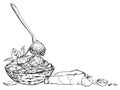 Hand drawn vector ink illustration. Pasta Italian cuisine dish, spaghetti noodles bowl, parmesan cheese tomato herbs Royalty Free Stock Photo