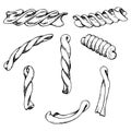 Hand drawn vector ink illustration. Pasta Italian cuisine gemelli casarecce fusilli rotini,. Set of single object