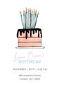 Hand drawn vector invitation with magic bday cake with candles. Happy birthday template. Colorful home made cake with cream.