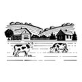 Hand drawn vector landscape with village house and cows grazing in the meadow Royalty Free Stock Photo