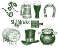 Hand drawn vector leprechaun hat, clover, beer mug, barrel, golden coin pot sketch set for St. Patrick`s Day. Irish