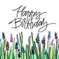 Hand drawn vector lettering. Happy Birthday phrase by hand on bright floral background. Vector illustration. Handwritten Royalty Free Stock Photo