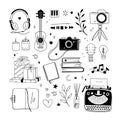 Hand drawn vector linear illustration - Set of art supples: musical instruments, typewriter, camera, candles, gifts, ceramics.