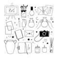 Hand drawn vector linear illustration - Set of art supples: notebook, brushes, camera, canvas, easel. Work from home Royalty Free Stock Photo