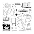 Hand drawn vector linear illustration - Set of books, office supplies, printer, typewriter, letters. Work from home