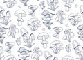 Hand-drawn vector lineart seamless doodle-style pattern with mushrooms in grey on a white background