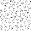 Hand-drawn vector lineart seamless doodle-style pattern with mushrooms on a white background.