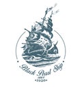 Hand drawn vector logo of vintage sailing ship in the sea