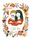 Hand drawn vector love card with couple and flowers for Valentine`s day. Stylish background for romantic card.