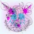 Hand drawn vector magic unicorn for adult coloring page in zentangle, henna tattoo style. Patterned Unicorn with watercolor ink d Royalty Free Stock Photo