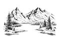 Hand drawn vector nature illustration with mountains and forest on first view. Using for travel and nature background and card Royalty Free Stock Photo