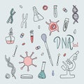 Hand drawn vector objects set. Nano technology and human dna research Royalty Free Stock Photo