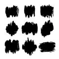 Hand drawn vector paint spots, black ink brush strokes set. Grungy artistic paint blobs highlights backgrounds. Grunge