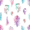 Hand drawn vector painted seamless pattern with bird feathers Royalty Free Stock Photo