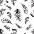 Hand drawn vector painted seamless pattern with bird feathers Royalty Free Stock Photo