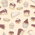 Hand drawn vector pastry seamless pattern with cake and pie piec