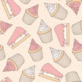 Hand drawn vector pastry seamless pattern with cake pieces and c