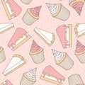 Hand drawn vector pastry seamless pattern with cake and tart pie