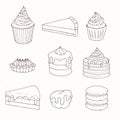 Hand drawn vector pastry set with cakes, pies, tarts, muffins an