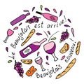 Hand drawn vector pattern with cheese, wine glasses, bottles, grapes and bread. Wine party, Beaujolais Nouveau event in France. Royalty Free Stock Photo