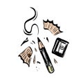 Hand drawn vector pencil, pencil shavings and sharpener. Royalty Free Stock Photo