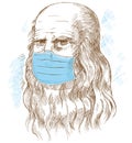 Hand drawn portrait. Leonardo Da Vinci with medical mask Royalty Free Stock Photo