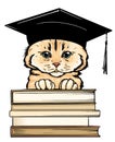 Hand-drawn vector portrait of a student cat. portrait of pet with books for education. animal portrait in a graduate`s hat holds