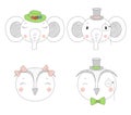 Cute elephants and owls girls and boys portraits Royalty Free Stock Photo