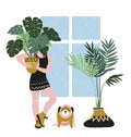 Hand drawn vector poster with tropical house plants, young woman and cute dog. Modern and elegant home decor. Royalty Free Stock Photo