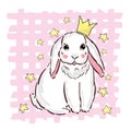 Hand Drawn Vector Princess Bunny Rabbit, Cute Cartoon Character Print Royalty Free Stock Photo