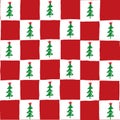 Hand drawn vector red checkerboard pattern with Christmas trees Royalty Free Stock Photo