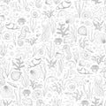 Hand drawn vector sea life seamless pattern with seahorses, fish, starfish, corals, seashells and jellyfish gray outline