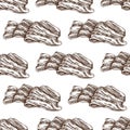 Hand-drawn vector seamless pattern of bacon in engraved vintage style. Hand-drawn monochrome pattern of hamon or pork meat, ham