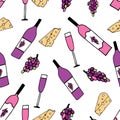 Hand drawn vector seamless pattern with cheese, wine glasses, bottles and grapes Royalty Free Stock Photo